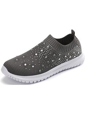 Women's Grey Mesh Rhinestone Glitter Slip On Ballroom Jazz Latin Sock Sneakers
